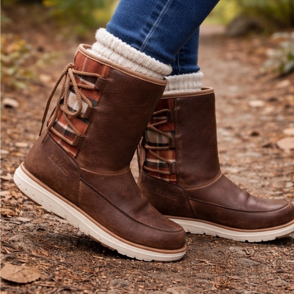 L.L.Bean Mountain Lodge Muk Luk Boots Women’s Size 11 Brown Leather Plaid Cozy
